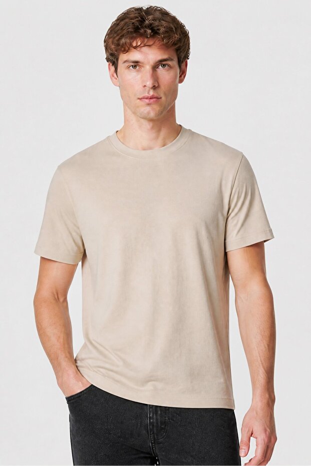 Men Crew Neck Short Sleeve Solid T-Shirt, Beige