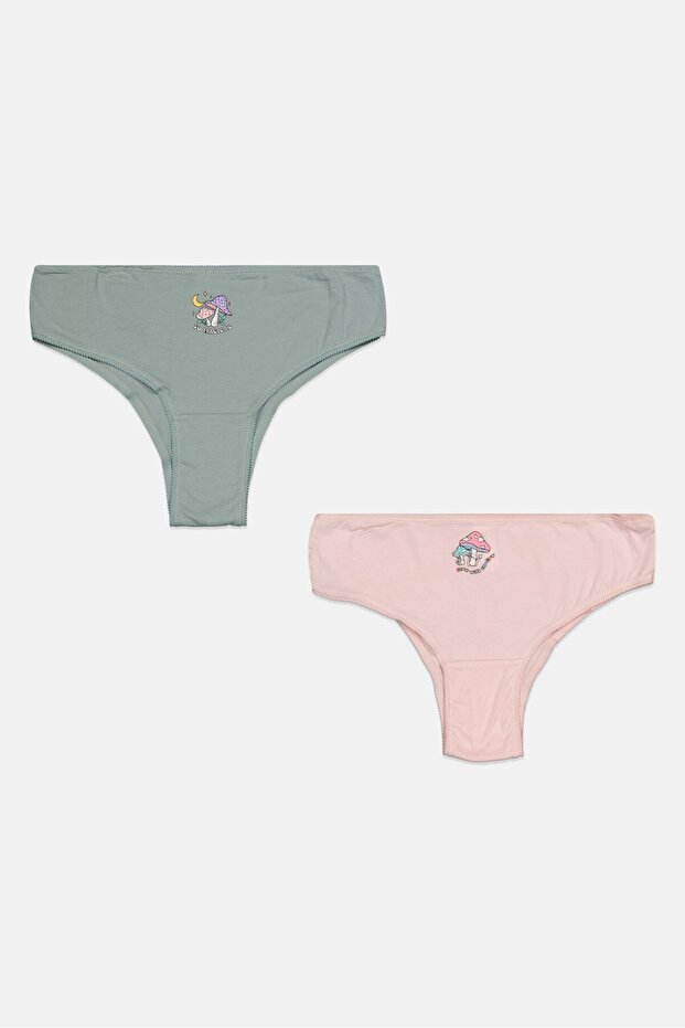 Women 2Pcs Printed Slip On Panty, Pink/Green