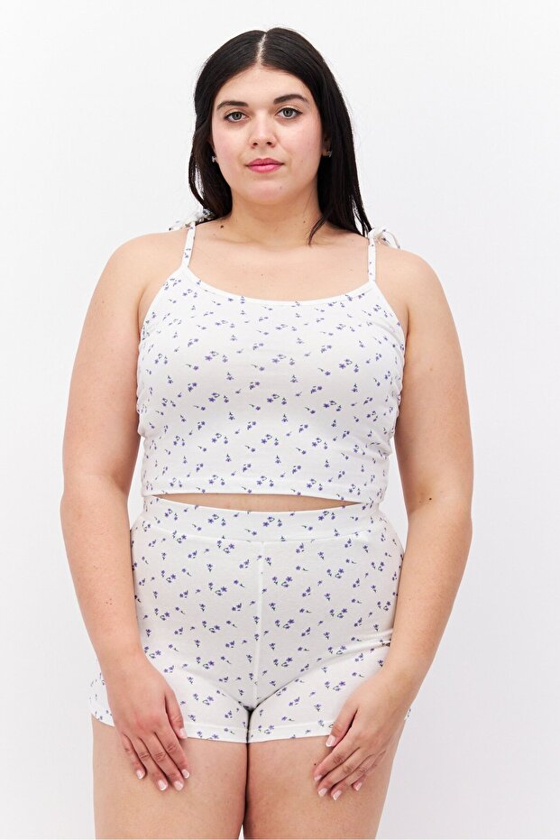 Women 2Pcs Floral Print Pajama Top And Shorts, White Combo