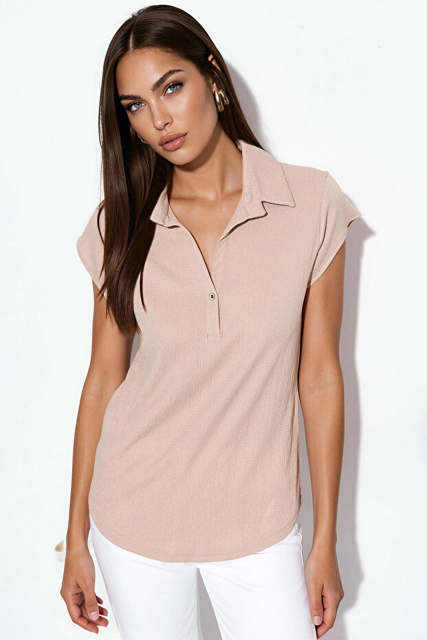 Women's Polo Collar Knitted Blouse 1425 - Beige
