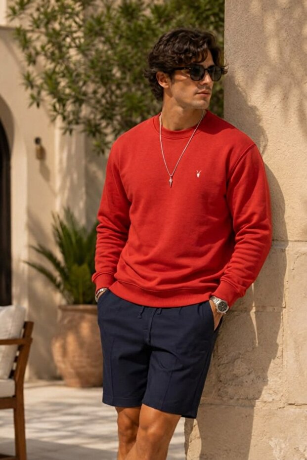 Knitted Long Sleeve Red Men's Sweatshirt