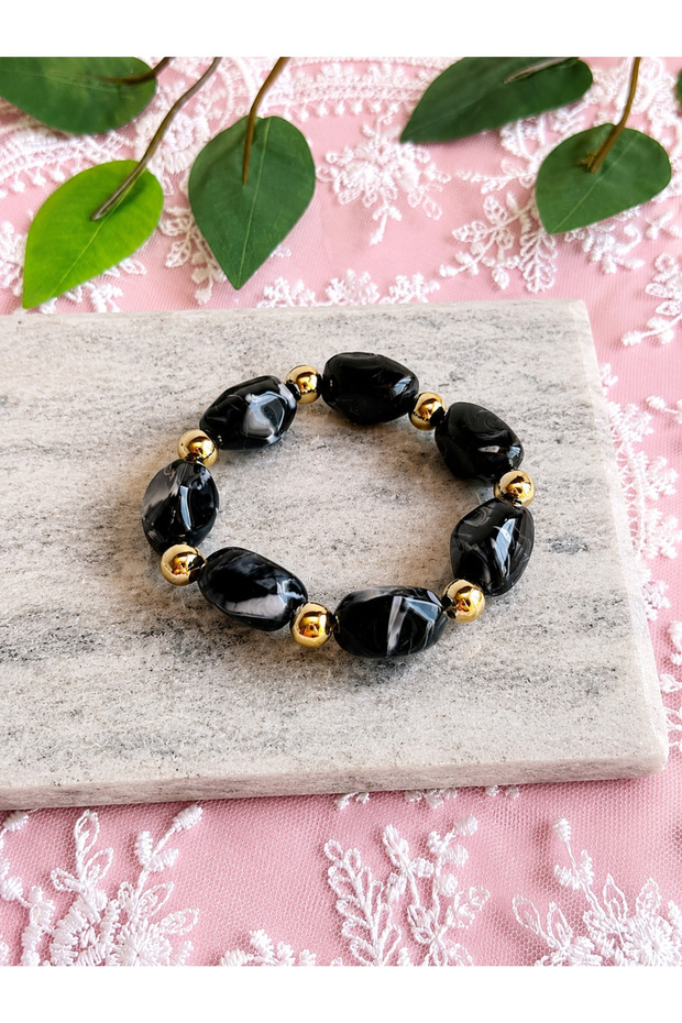Natural Stone Elastic Bracelet with Gold Detail, Summer Accessory