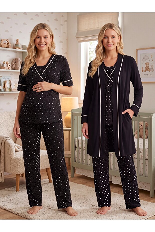 New Season Black Polka Dot Double Breasted Breastfeeding Friendly Design Short Sleeve 100% Cotton Maternity Pajama Set