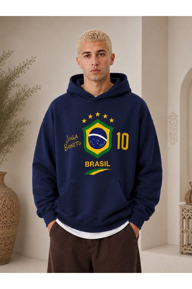 Unisex Brazil Brasil 10 Football Printed Oversize Hooded Sweatshirt with Kangaroo Pocket