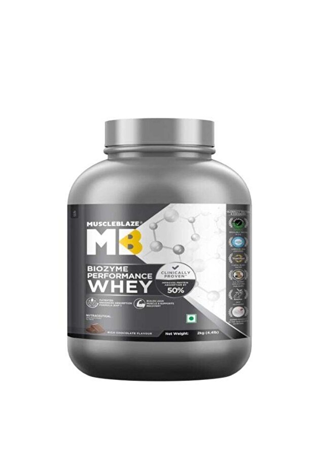 Biozyme Performance Whey Protein Powder, Rich Chocolate (2kg / 4.4lbs) | 25g Protein Per Scoop | Clinically Tested 50% Higher Protein Absorption