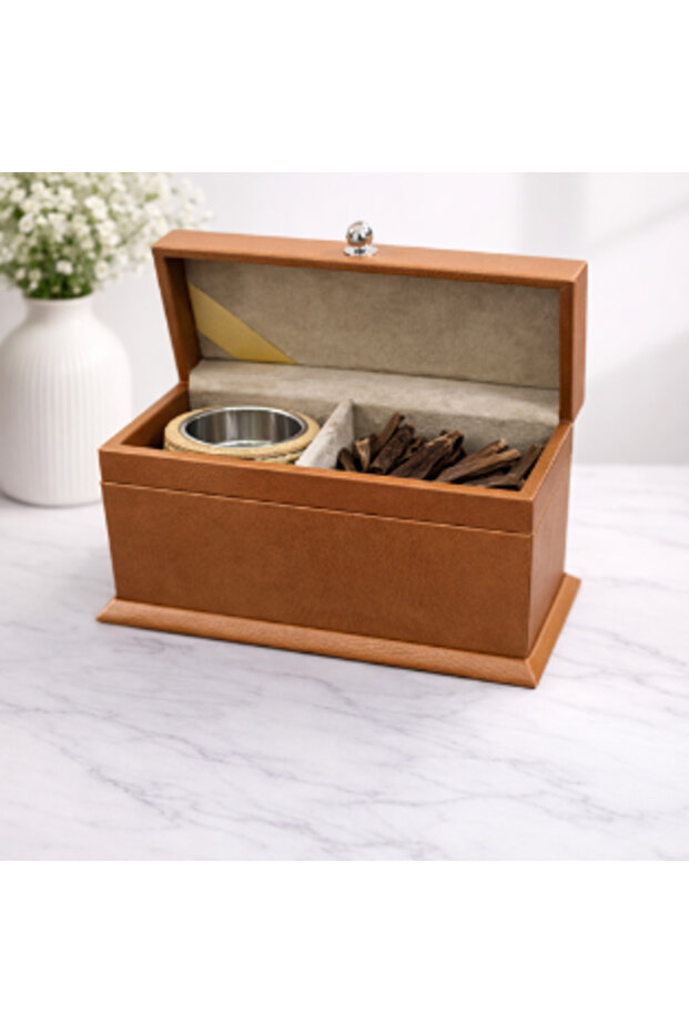 Small camel leather incense burner box, decorated with handmade wicker