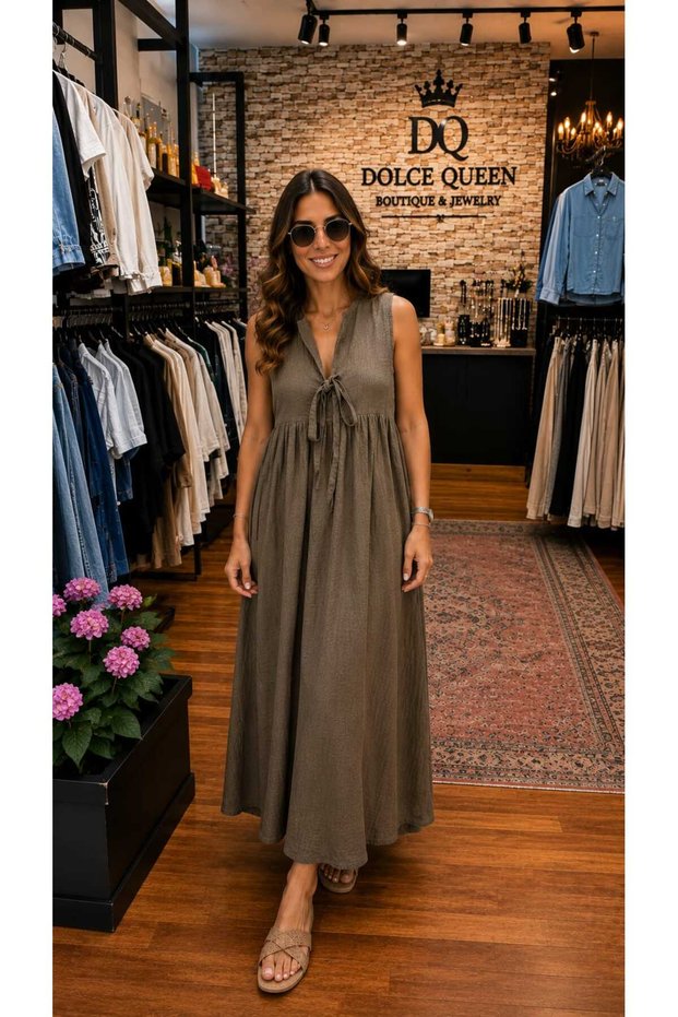 Women's Lace Detailed V-Neck Sleeveless Long Cotton Dress