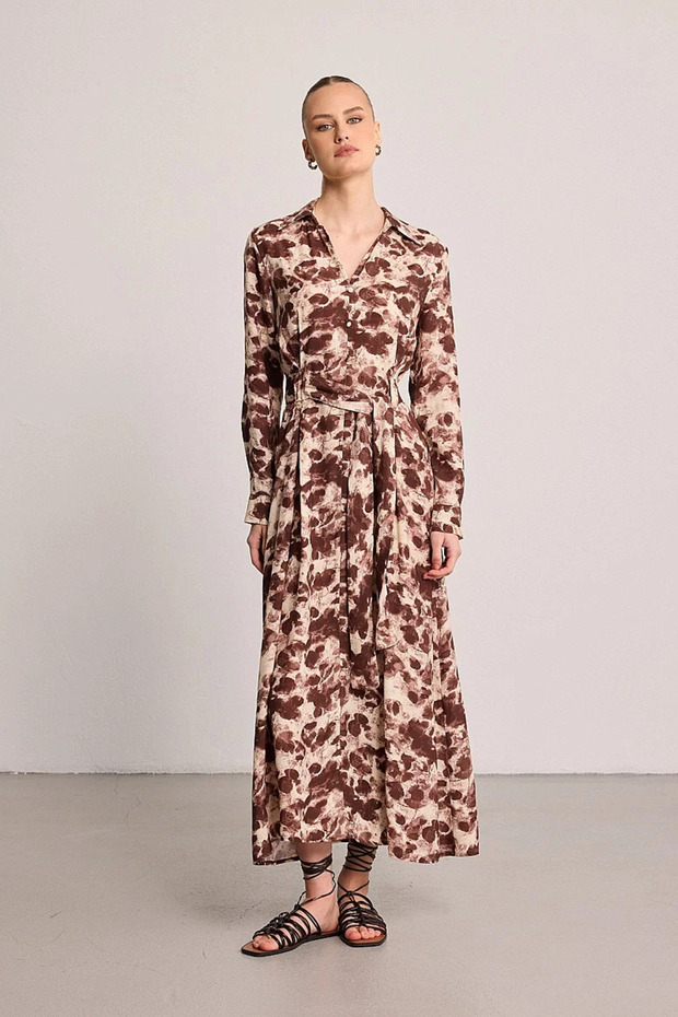 Butterfly Collection Long Sleeve Viscose Dress - Brown