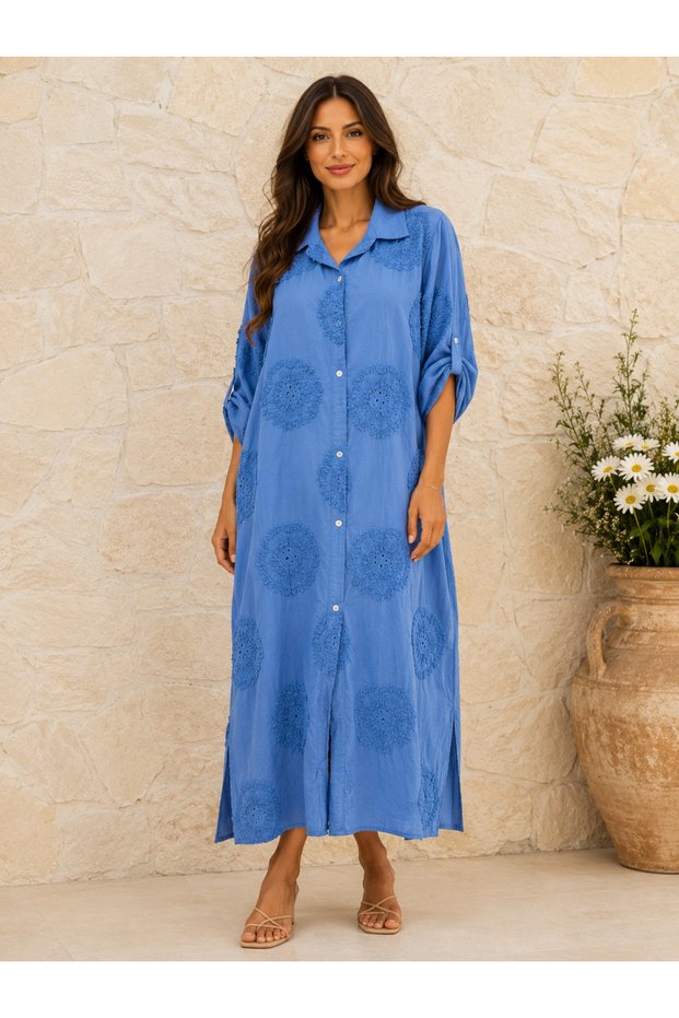 Women's Original Italian Cotton Fabric Long Sleeve Embossed Shirt Dress 46-50