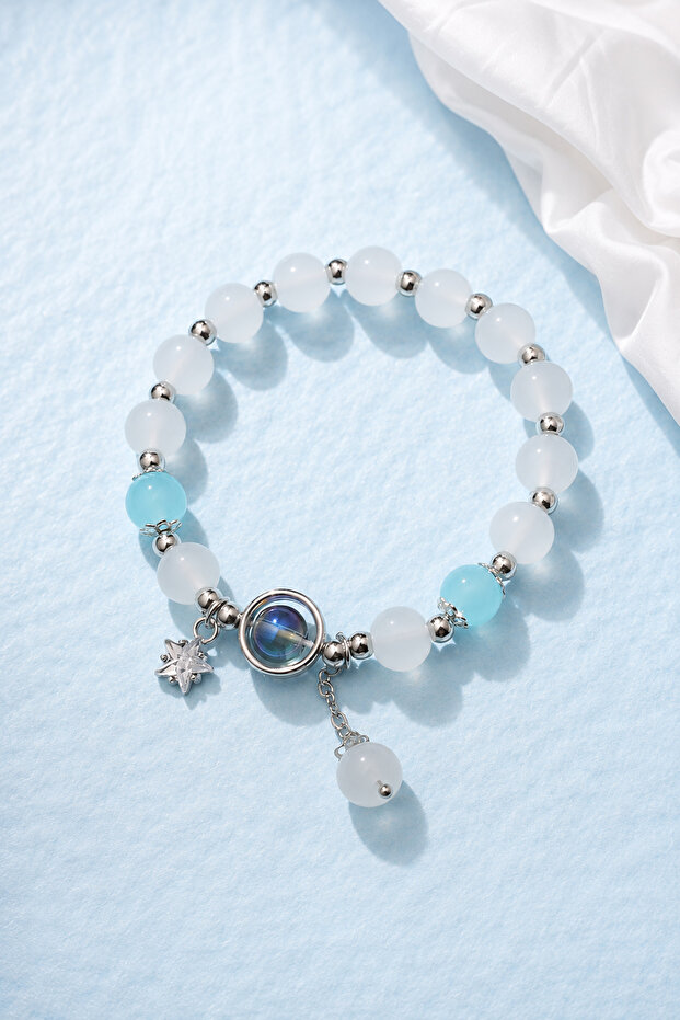 Blue Beaded Bracelet Silver Color Bracelet with Star Figure