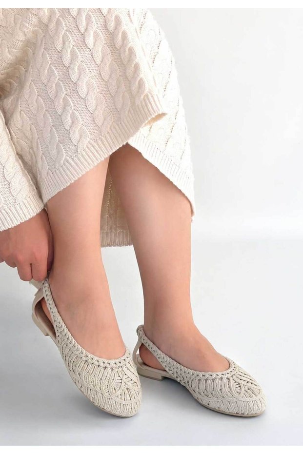 Eloven Women's Beige Knitted Detail Casual Comfortable Ballerinas