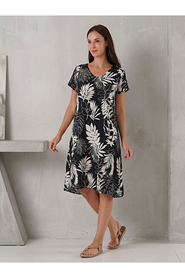 Women's Woven Viscose V-Neck Dress Black and White Leaf Pattern