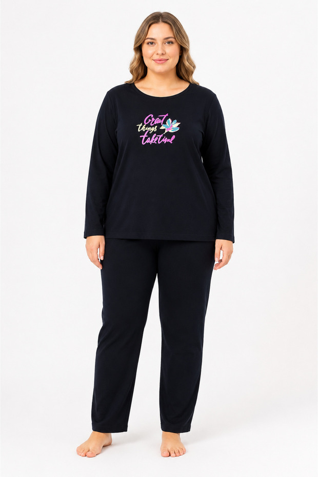 Plus Size Seasonal Great Things Pattern Black Pajama Set