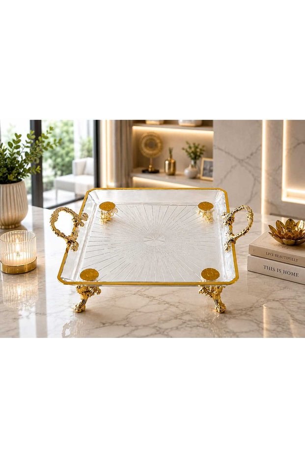 Square Presentation Decorative Serving Tray with Gold Detailing on the Feet and Handles