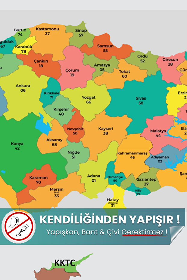 Transparent Colorful Turkey Map Non-Adhesive Summer Erasable Static Map 56 X 100 cm - with Eraser and Pen Gift
