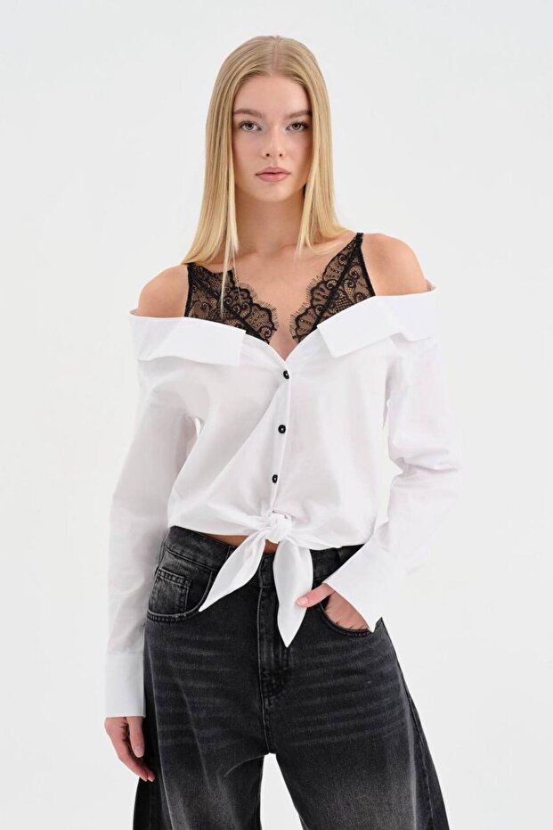 Women's 100% Cotton Lace Strap Detailed Front Tie Design Shirt