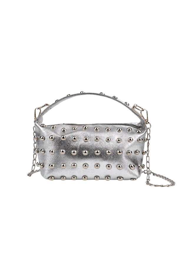 Silver Staple Detailed Chain Strap Women's Shoulder & Crossbody Bag Zb003