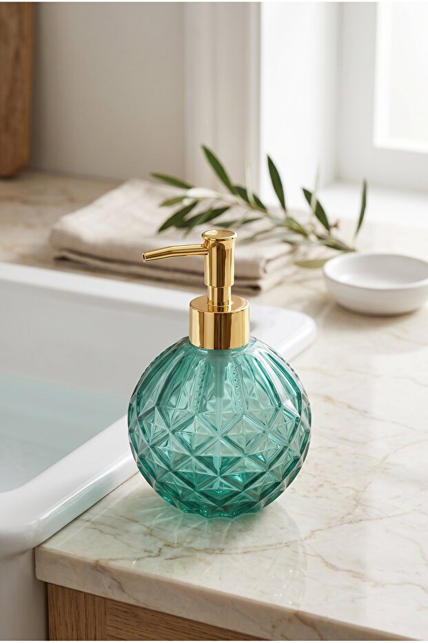 Boby Diamond Globe Glass Liquid Soap Dispenser – Decorative Bathroom and Kitchen Dispenser with Gold Pump and Crystal Pattern - 16 cm X 10 cm - 500ml -