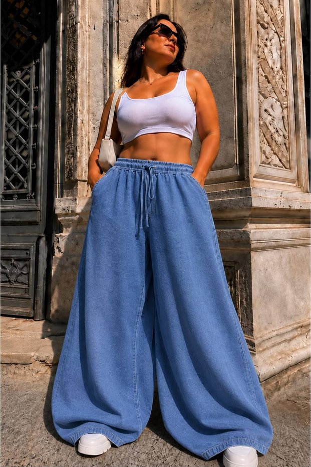 44-52 Size 100% Denim Elastic Waist Oversize Wide Leg Pants – Soft Textured Comfortable Cut Jeans