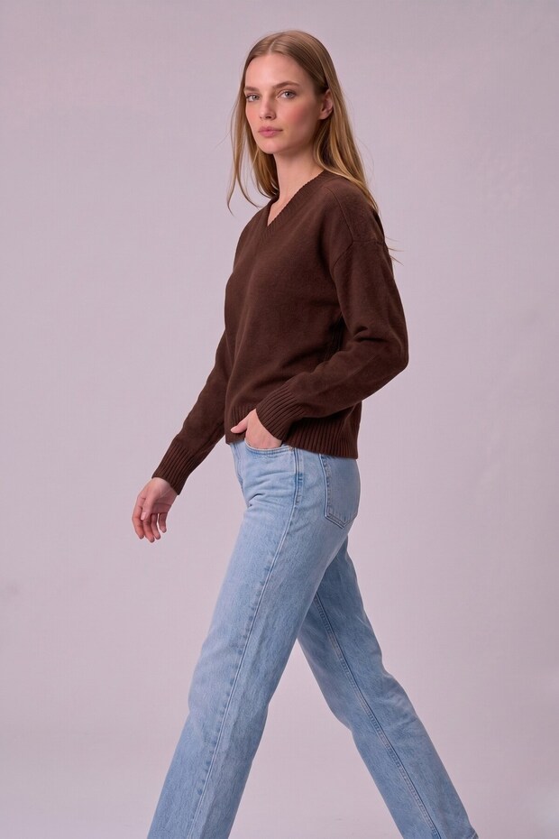 Women's V-Neck Brown Knitwear Sweater