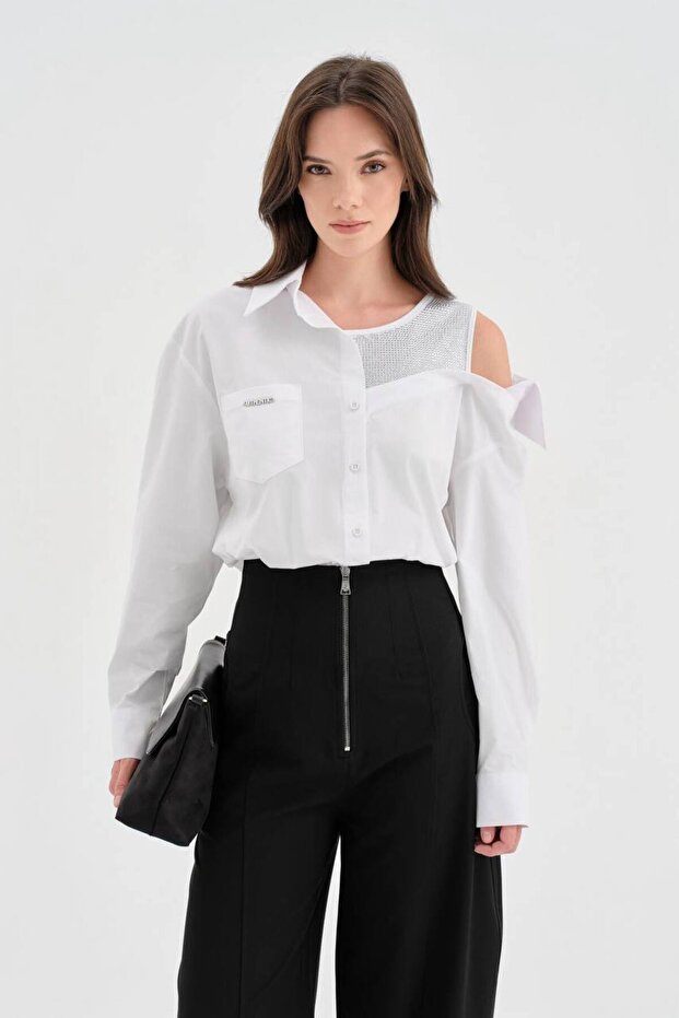 Women's 100% Cotton One-Shoulder Open-Fit Shirt with Stone Design