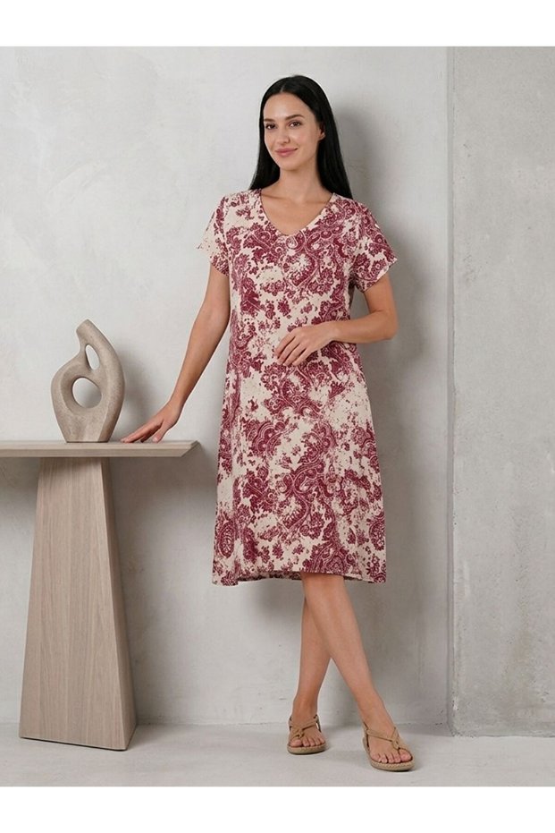 Women's Woven Viscose V-Neck Dress with Plum White Pattern