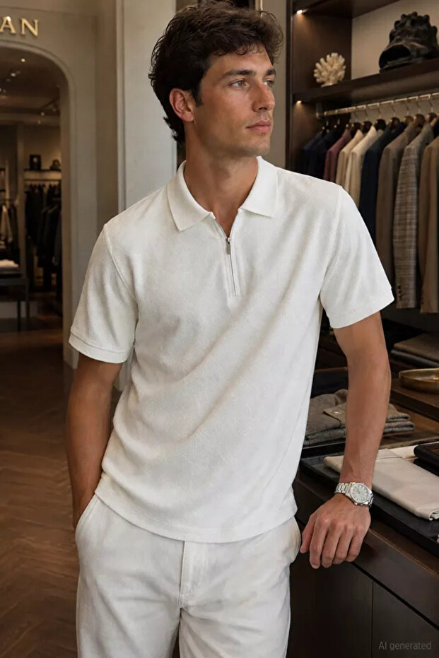 Men's Self-Patterned Polo Collar Half Zipper T-Shirt