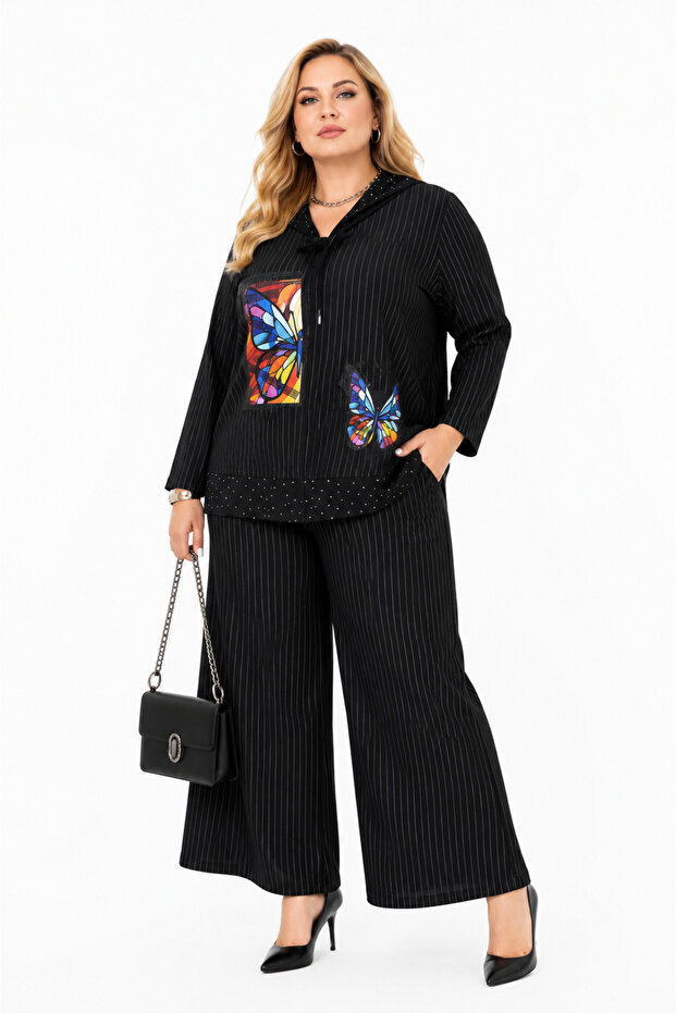 Plus Size Hooded Butterfly Printed Stone Detailed Striped Cotton Wide Leg Pants Women's Two-Piece Set