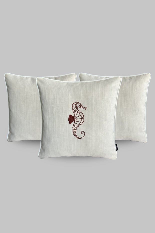 Embroidered Seahorse Patterned Decorative Piping Edged Water Repellent Fabric Cream 45*45 cm Triple Throw Pillow Cover Set Boat - Garden - Balcony