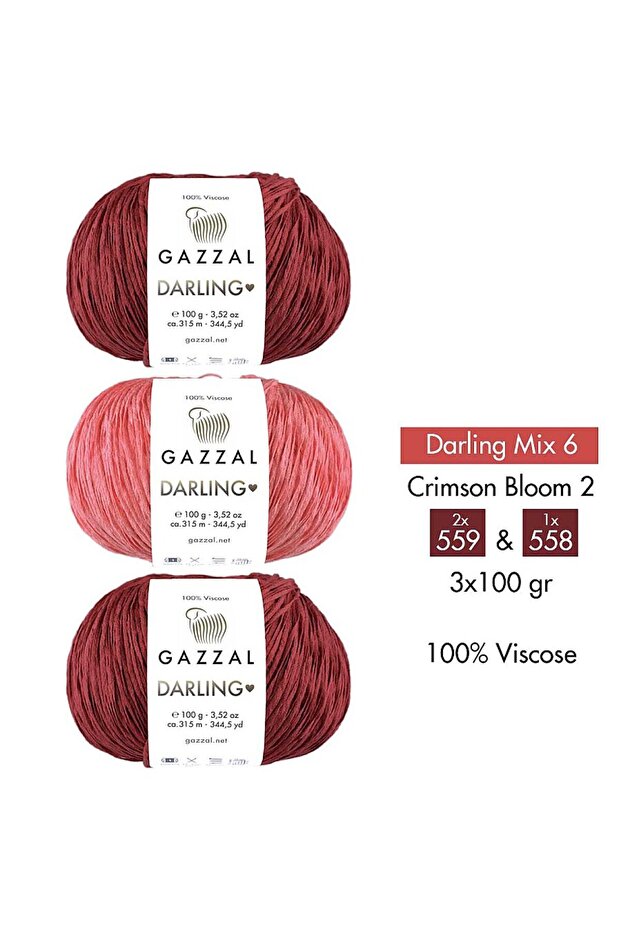 Darling Mix 6 - 100% Viscose Yarn 3-Color Combination – Crimson Bloom 2 – 3 X 100 g