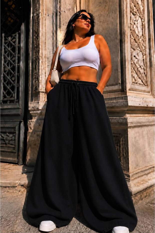 44-52 Size 100% Denim Elastic Waist Oversize Wide Leg Pants – Soft Textured Comfortable Cut Jeans