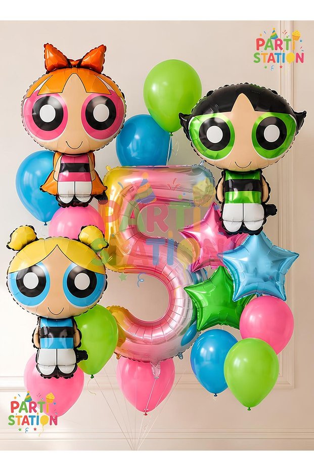 Powerpuff Girls Themed 5 Year Old Balloon Set 16 Pieces - Large Size Powerpuff Girls Birthday Balloon Set