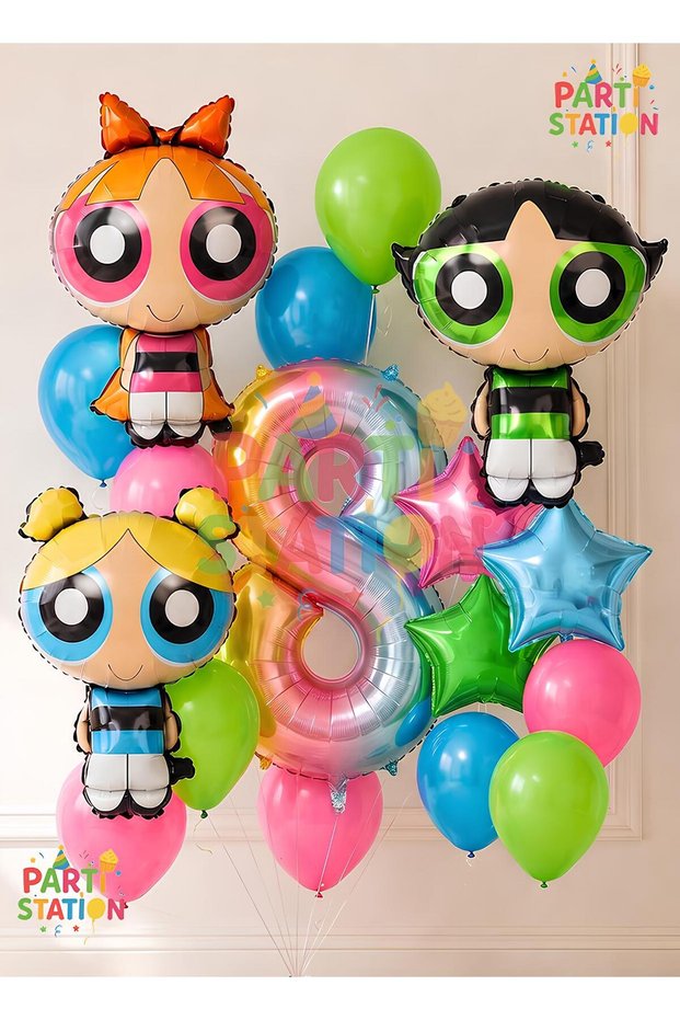 Powerpuff Girls Themed 8 Year Old Balloon Set 16 Pieces - Large Size Powerpuff Girls Birthday Balloon Set