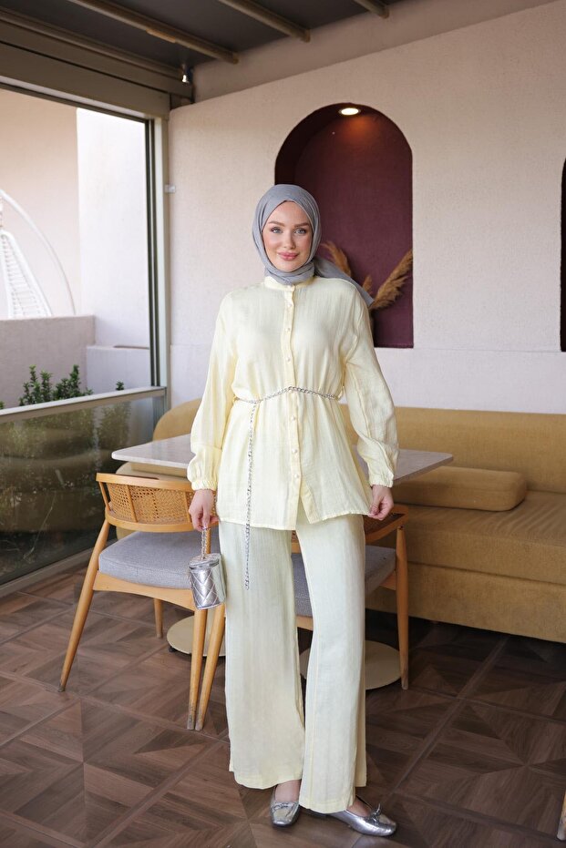 Yellow Elastic Sleeves Buttoned Tunic and Trousers Set