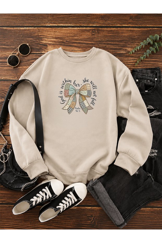 Women's Bow Patterned Written Comfortable Fit Crew Neck Beige Casual Sweatshirt