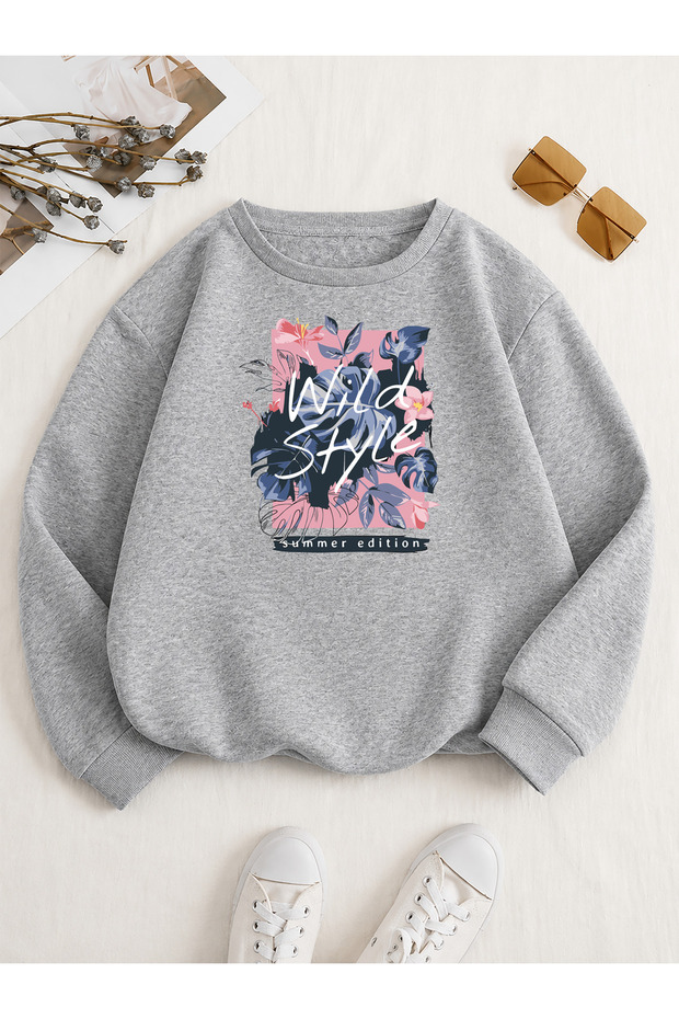 Women's Whild Style Printed Comfortable Fit Crew Neck Women's Gray Sweatshirt