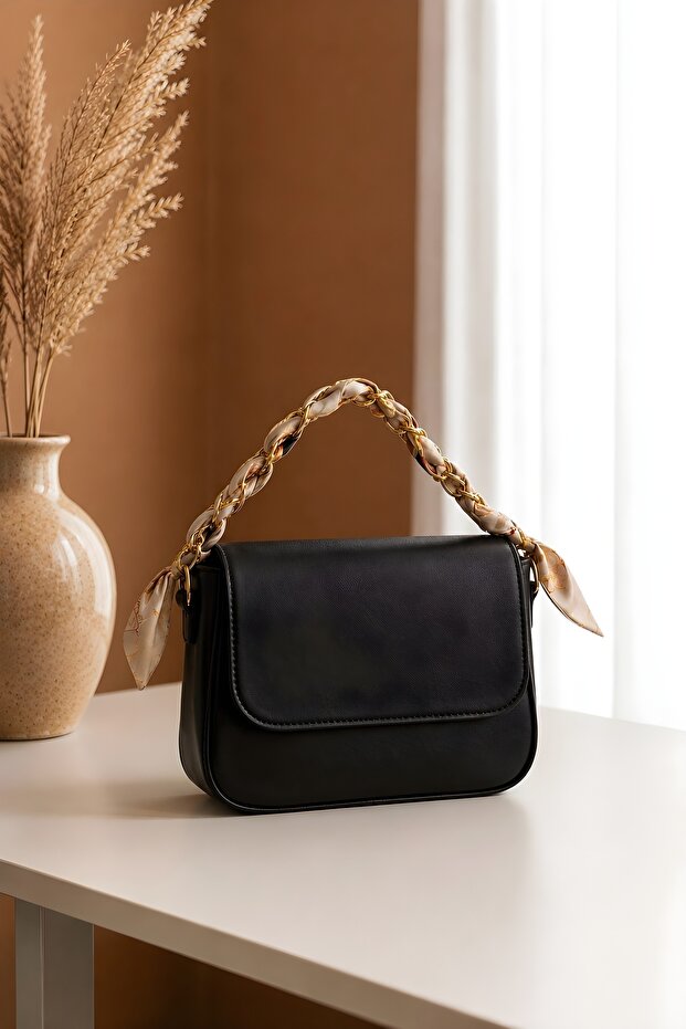 Black Scarf Chain Detailed Hand and Shoulder Bag