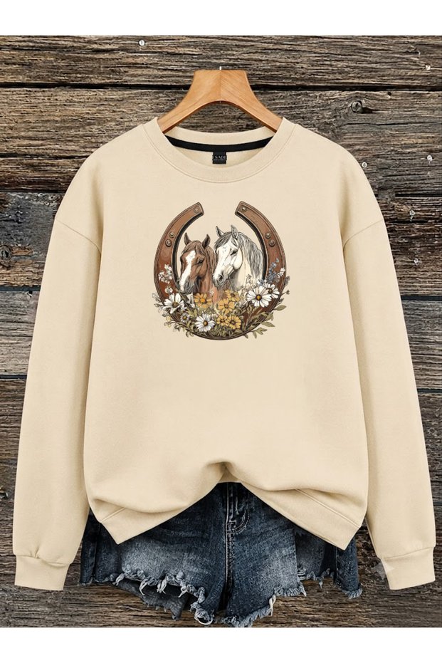 Women's Horseshoe Flower Graphic Printed Comfortable Fit Crew Neck Beige Sweatshirt