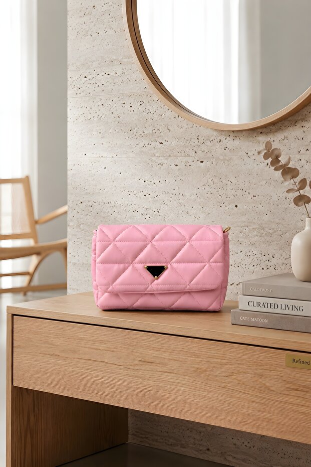 Pink Quilted Patterned Shoulder Bag with Strap