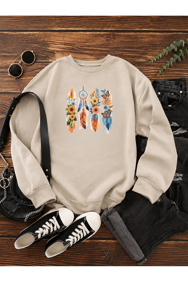 Women's Dreamcatcher and Sunflower Printed Comfortable Fit Crew Neck Beige Sweatshirt