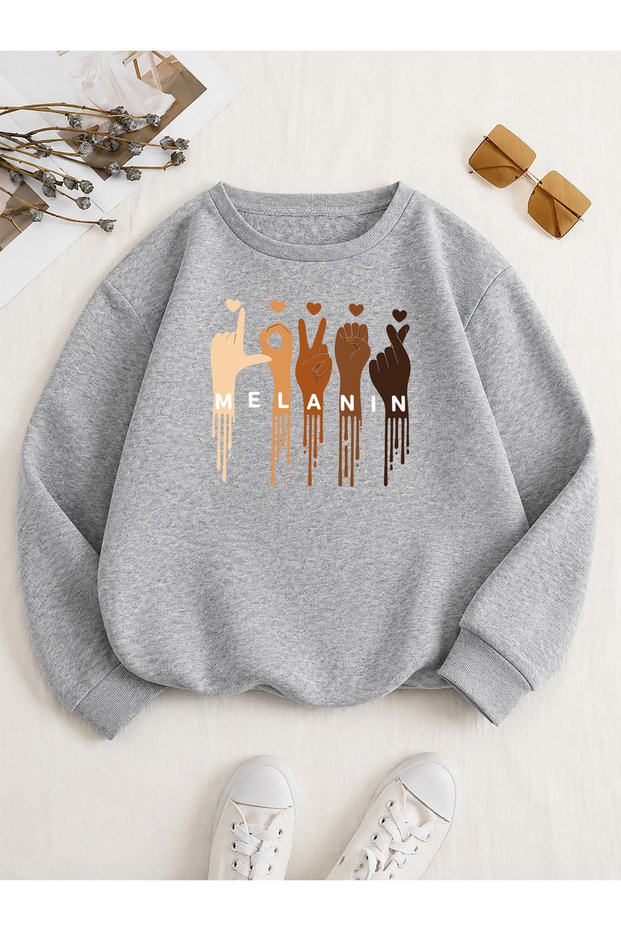 Women's Melanin Hand Signs Printed Comfortable Fit Crew Neck Gray Sweatshirt