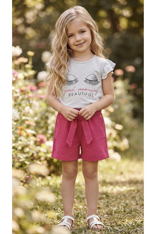 Beauty 0010 Gray Fuchsia Glittery Eyelash Ruffle Pocket Shorts Set