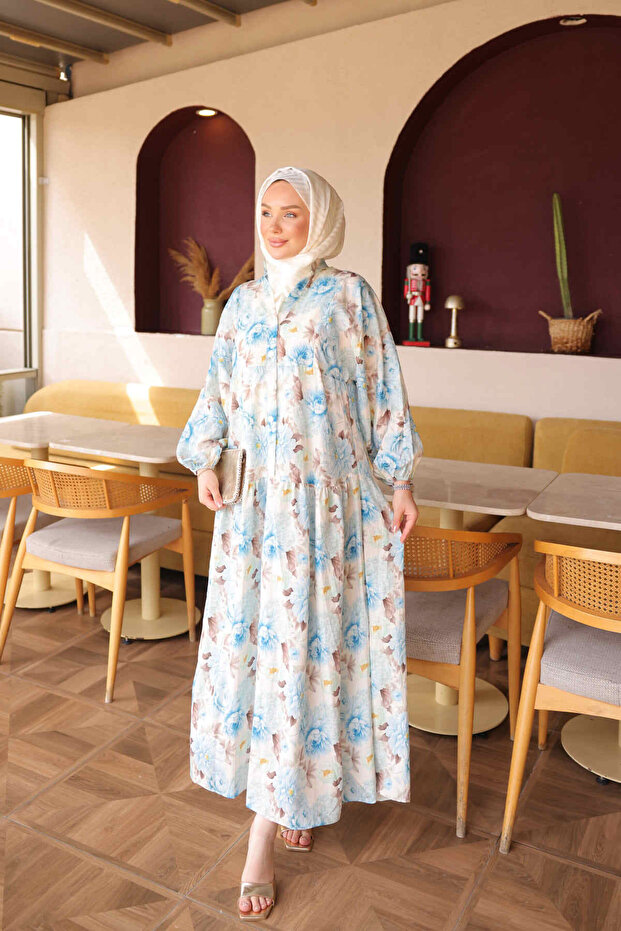 Blue Half Buttoned Sleeves Elastic Patterned Dress