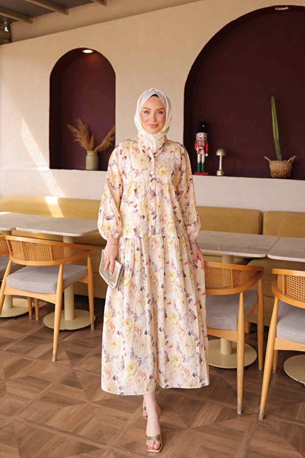 Yellow Half Buttoned Sleeves Elastic Patterned Dress