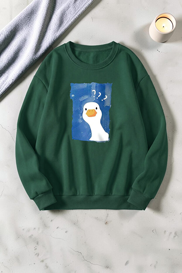 Unisex Curious Duck Printed Crew Neck Sweatshirt