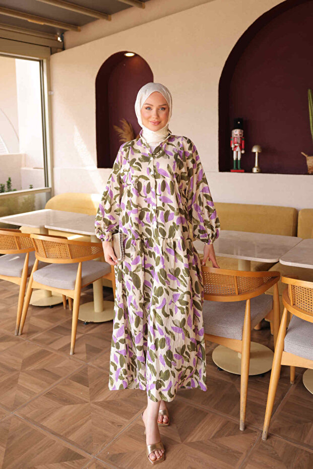 Lilac Half Buttoned Sleeves Elasticized Patterned Dress