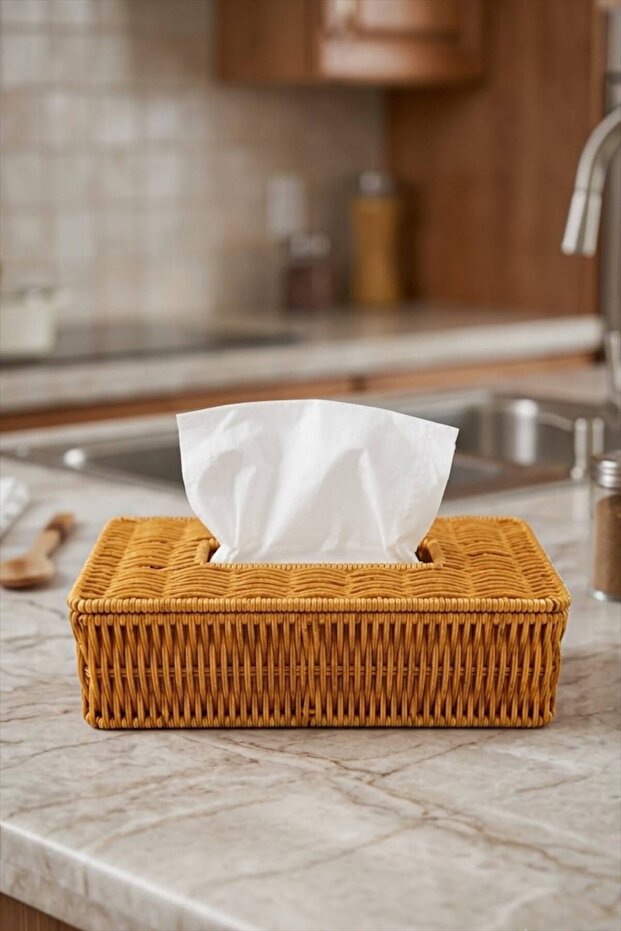 Yakut13724 Rattan Rectangular Napkin Holder Decorative Desktop Napkin Storage Basket