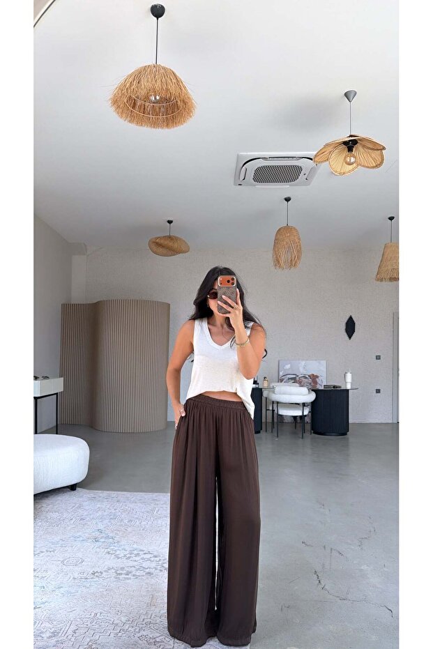 Brown Silk Wide-Leg Trousers