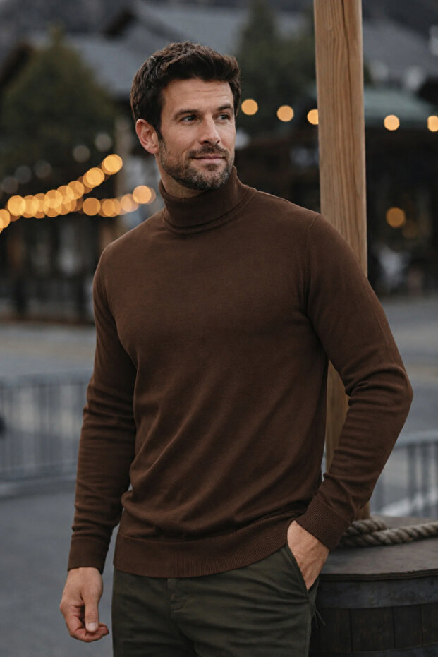 Men's Casual Slim Fit Brown Full Turtleneck Sweater