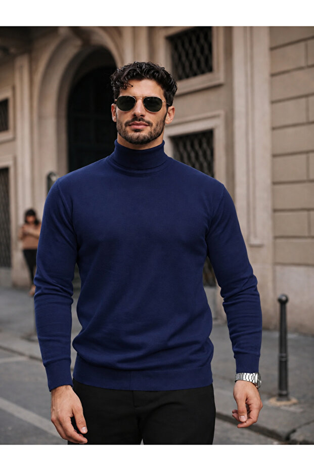 Men's Winter Basic Slim Fit Long Navy Blue Sweater